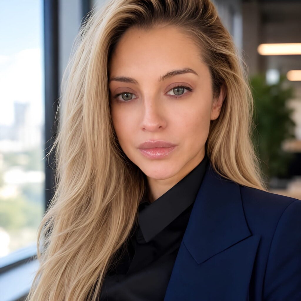 Blonde woman in navy blazer indoors